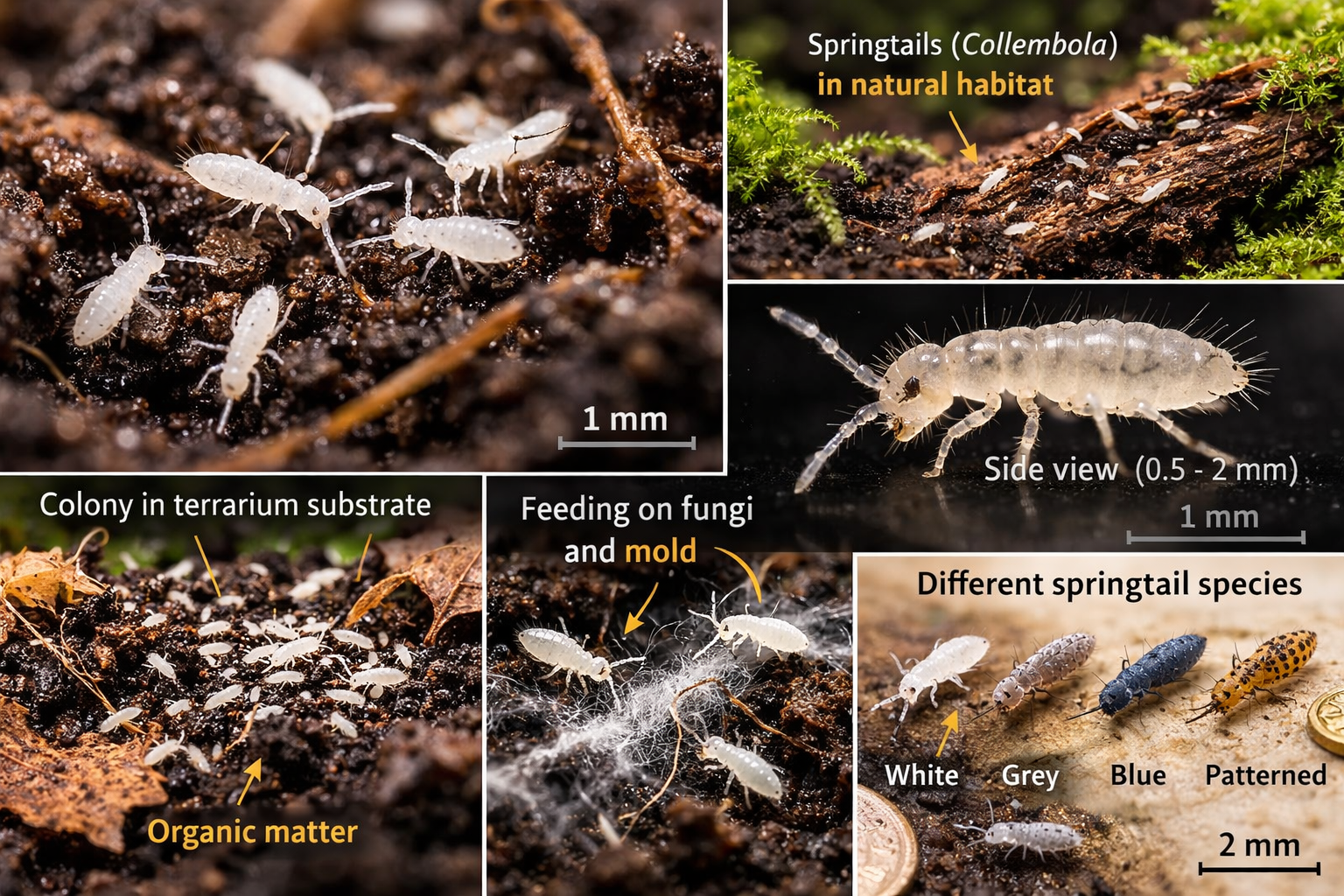 Different types of springtails (Collembola) in soil and moss