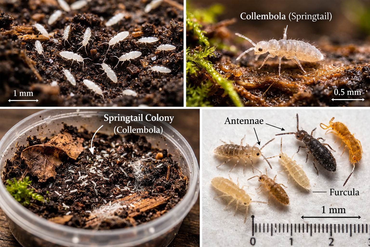 Macro photo showing what springtails look like (Collembola) on moss